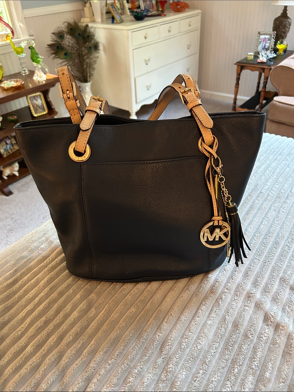 Michael Kors Black Pebbled Leather Shoulder Bag with Tan Straps